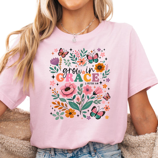 Grow in Grace Shirt, 2 Peter 3:18 Shirt, Floral Butterfly Christian Shirt for Women, Colorful Faith Tee, Inspirational Bible Verse Shirt