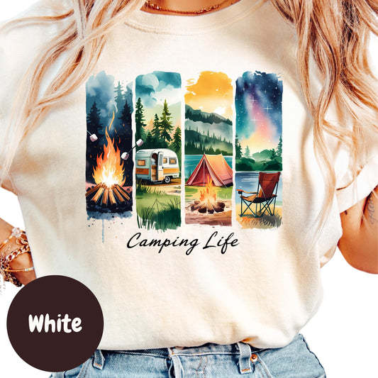 Camping Life Shirt, Colorful Campfire and RV Shirt, Nature Lover Gift, Tent and Forest Graphic Tee, Adventure Outdoors Shirt for Women