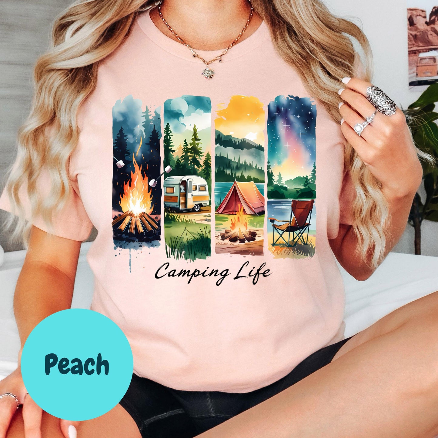 Camping Life Shirt, Colorful Campfire and RV Shirt, Nature Lover Gift, Tent and Forest Graphic Tee, Adventure Outdoors Shirt for Women