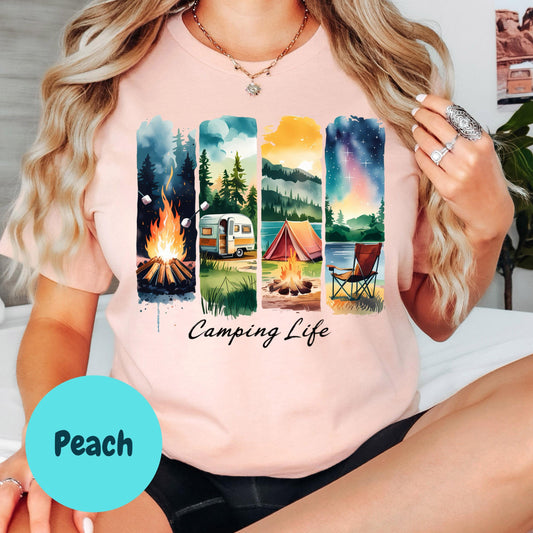 Camping Life Shirt, Colorful Campfire and RV Shirt, Nature Lover Gift, Tent and Forest Graphic Tee, Adventure Outdoors Shirt for Women