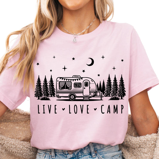 Live Love Camp Shirt, RV Camping Shirt for Women, Camper Graphic Tee, Forest Campfire Shirt, Outdoorsy Adventure Shirt, Retro Camping Tee