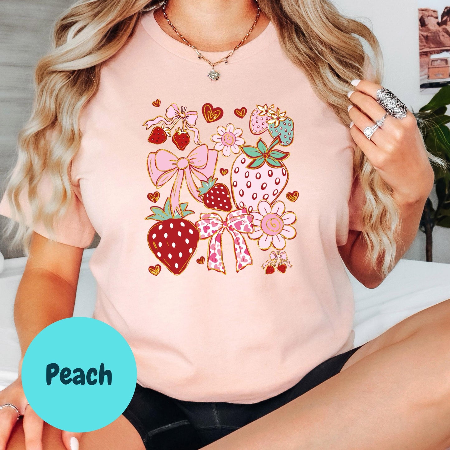 Strawberry Bow Shirt, Coquette Strawberry Tee, Kawaii Pink Summer Shirt, Girly Fruit Graphic Shirt, Cute Berrycore Aesthetic Shirt
