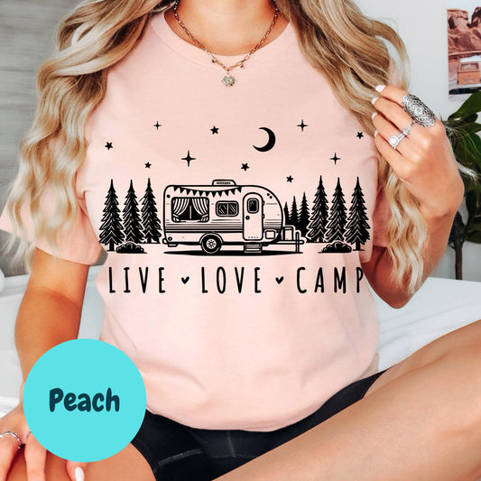 Live Love Camp Shirt, RV Camping Shirt for Women, Camper Graphic Tee, Forest Campfire Shirt, Outdoorsy Adventure Shirt, Retro Camping Tee