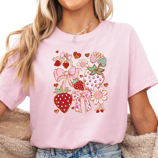 Strawberry Bow Shirt, Coquette Strawberry Tee, Kawaii Pink Summer Shirt, Girly Fruit Graphic Shirt, Cute Berrycore Aesthetic Shirt