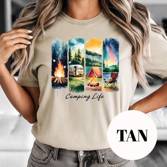 Camping Life Shirt, Colorful Campfire Sublimation Tee, Camper and Tent Graphic Shirt, Vintage Faded Outdoorsy Tee, Gift for Adventure Lovers