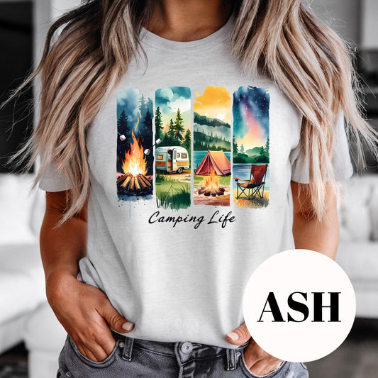 Camping Life Shirt, Colorful Campfire Sublimation Tee, Camper and Tent Graphic Shirt, Vintage Faded Outdoorsy Tee, Gift for Adventure Lovers