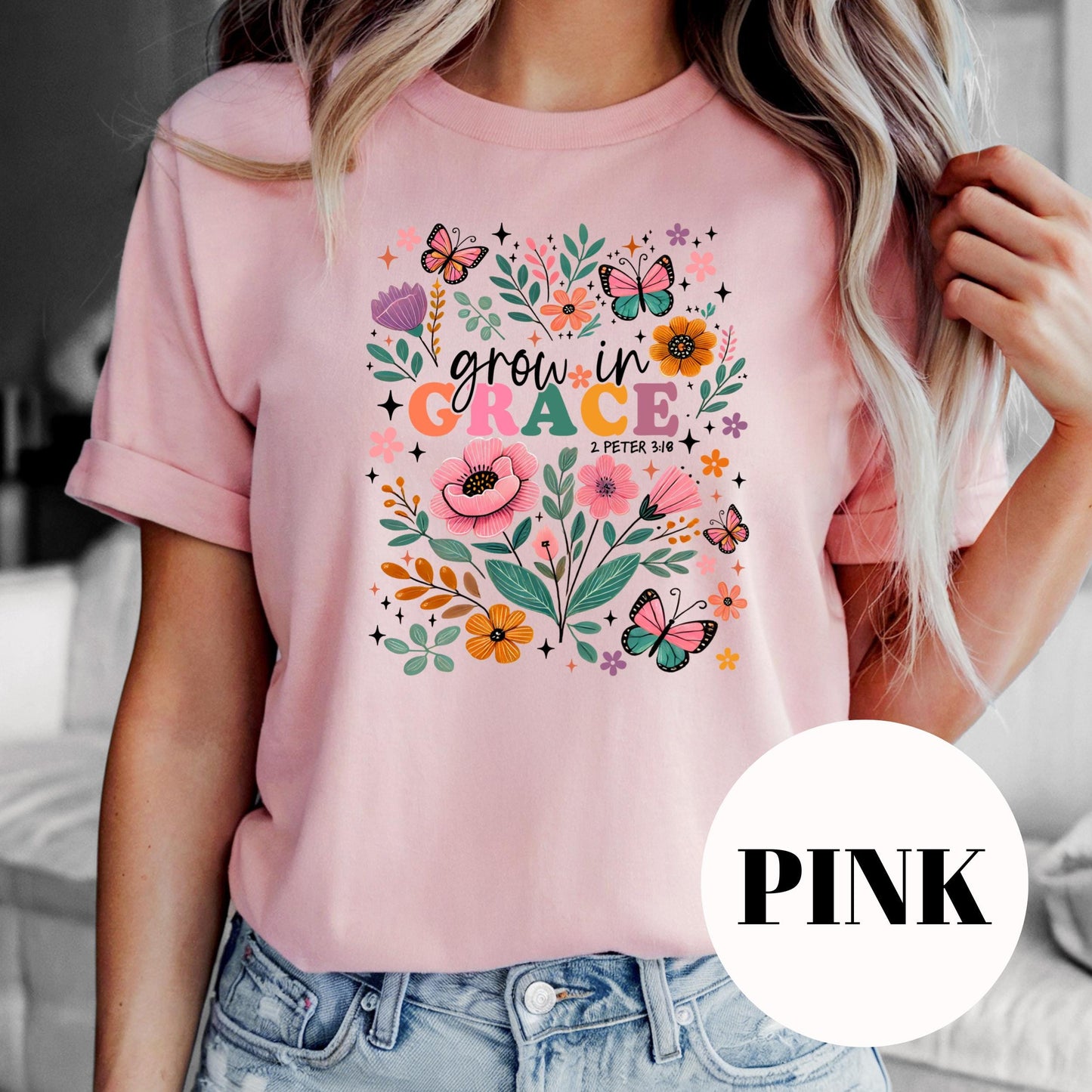 Grow in Grace Shirt, 2 Peter 3:18 Sublimation Tee, Floral Christian Graphic Tee, Butterfly Faith Shirt, Vintage Faded Print, Gift for Women