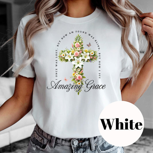 Amazing Grace Shirt, Floral Cross Christian Sublimation Tee, Hymn Inspired Graphic Shirt, Vintage Faded Faith Tee, Religious Gift for Her