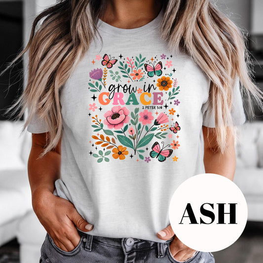 Grow in Grace Shirt, 2 Peter 3:18 Sublimation Tee, Floral Christian Graphic Tee, Butterfly Faith Shirt, Vintage Faded Print, Gift for Women