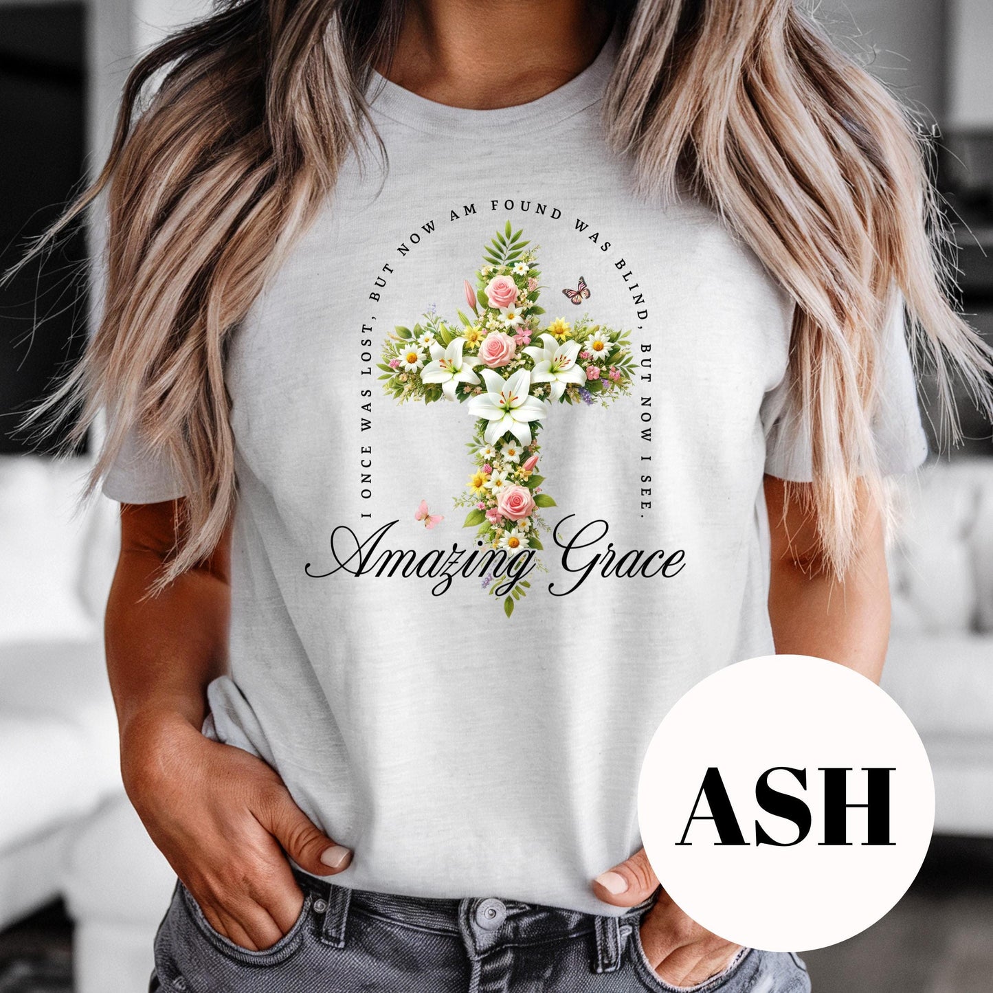 Amazing Grace Shirt, Floral Cross Christian Sublimation Tee, Hymn Inspired Graphic Shirt, Vintage Faded Faith Tee, Religious Gift for Her