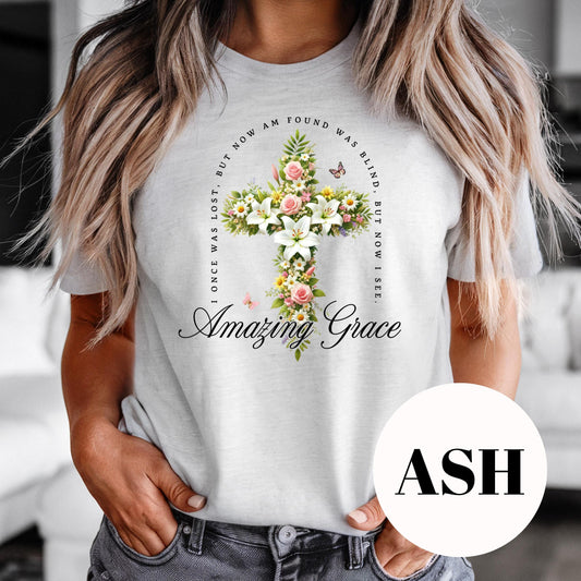 Amazing Grace Shirt, Floral Cross Christian Sublimation Tee, Hymn Inspired Graphic Shirt, Vintage Faded Faith Tee, Religious Gift for Her