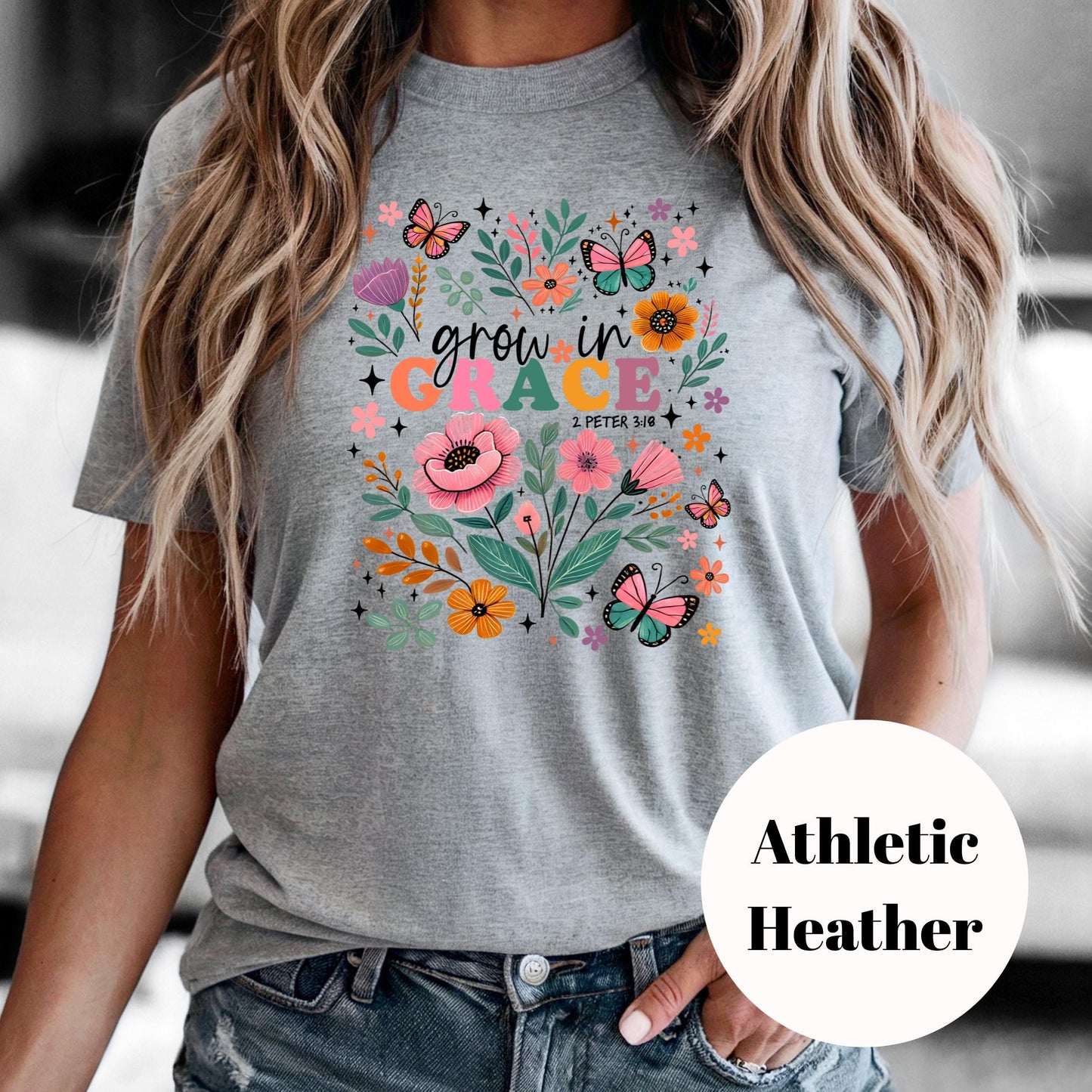 Grow in Grace Shirt, 2 Peter 3:18 Sublimation Tee, Floral Christian Graphic Tee, Butterfly Faith Shirt, Vintage Faded Print, Gift for Women