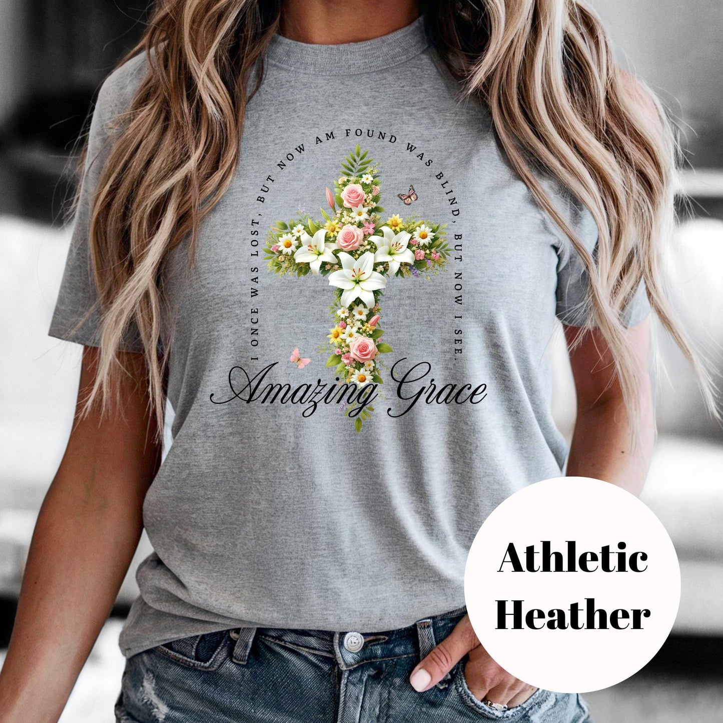 Amazing Grace Shirt, Floral Cross Christian Sublimation Tee, Hymn Inspired Graphic Shirt, Vintage Faded Faith Tee, Religious Gift for Her