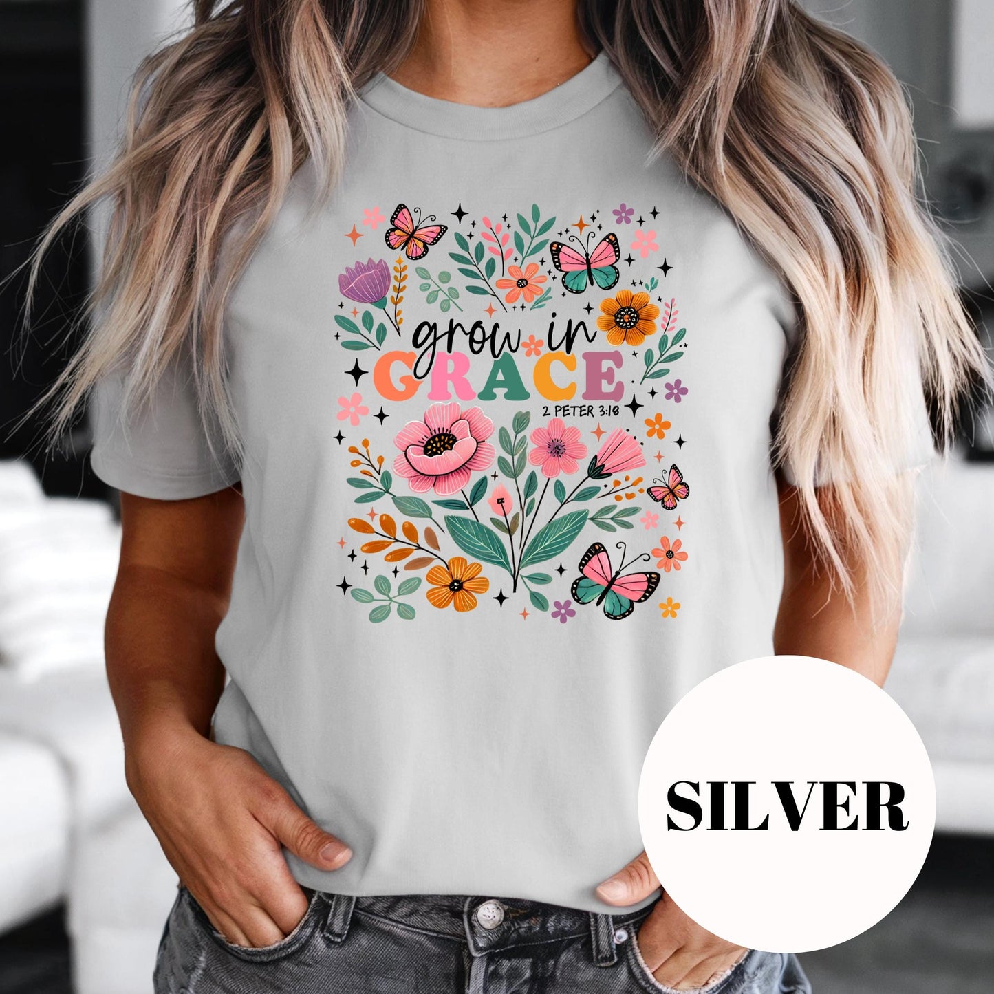 Grow in Grace Shirt, 2 Peter 3:18 Sublimation Tee, Floral Christian Graphic Tee, Butterfly Faith Shirt, Vintage Faded Print, Gift for Women