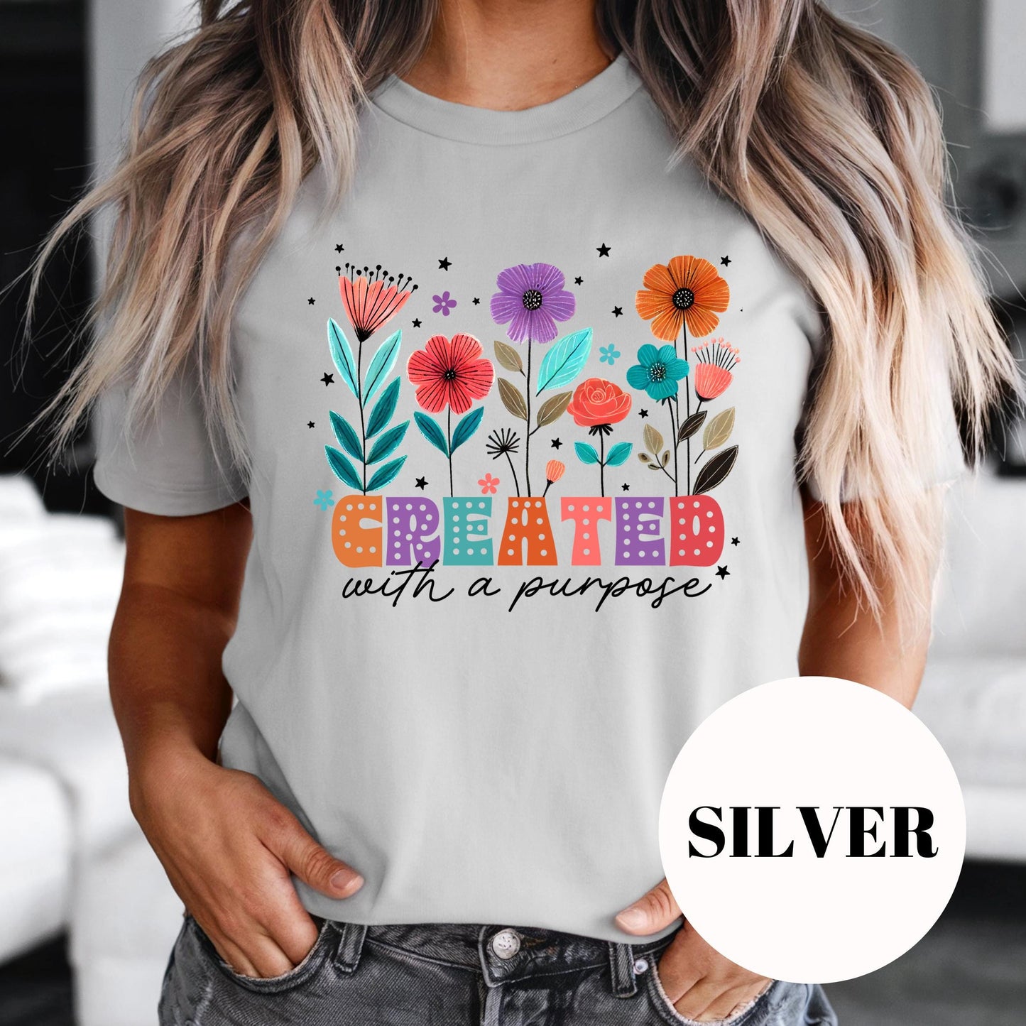 Created with a Purpose Shirt, Colorful Christian Sublimation Tee, Floral Faith Graphic Tee, Inspirational Bible Verse Shirt, Gift for Women