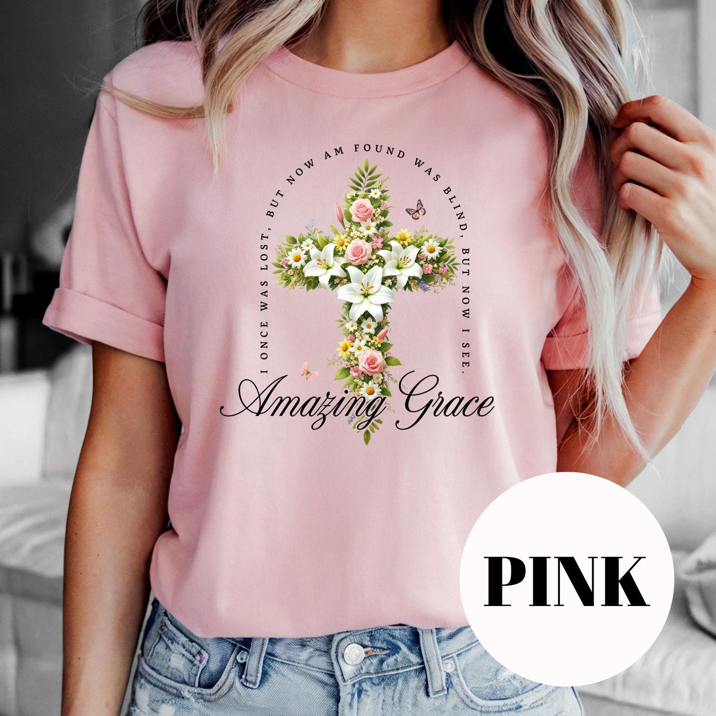 Amazing Grace Shirt, Floral Cross Christian Sublimation Tee, Hymn Inspired Graphic Shirt, Vintage Faded Faith Tee, Religious Gift for Her