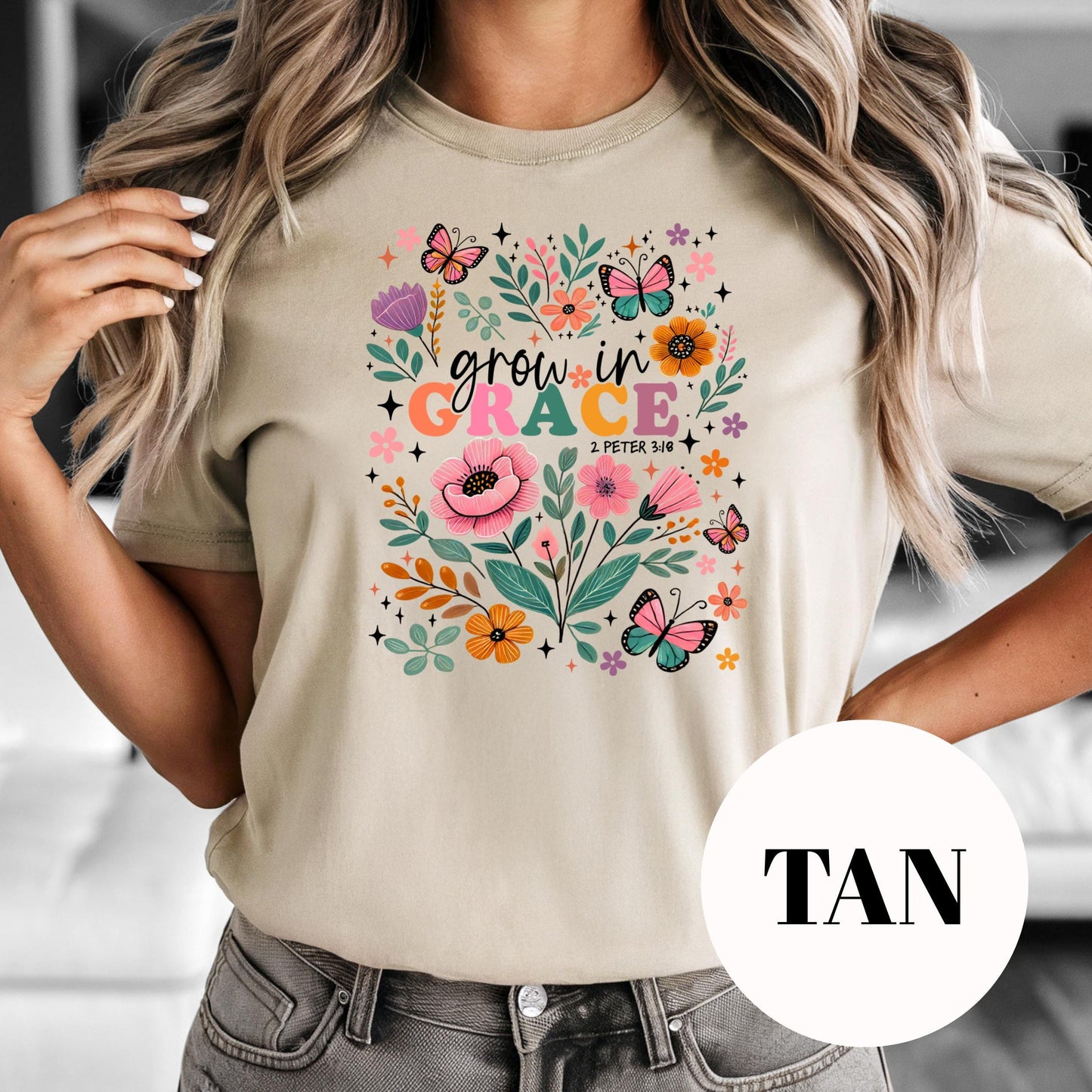 Grow in Grace Shirt, 2 Peter 3:18 Sublimation Tee, Floral Christian Graphic Tee, Butterfly Faith Shirt, Vintage Faded Print, Gift for Women
