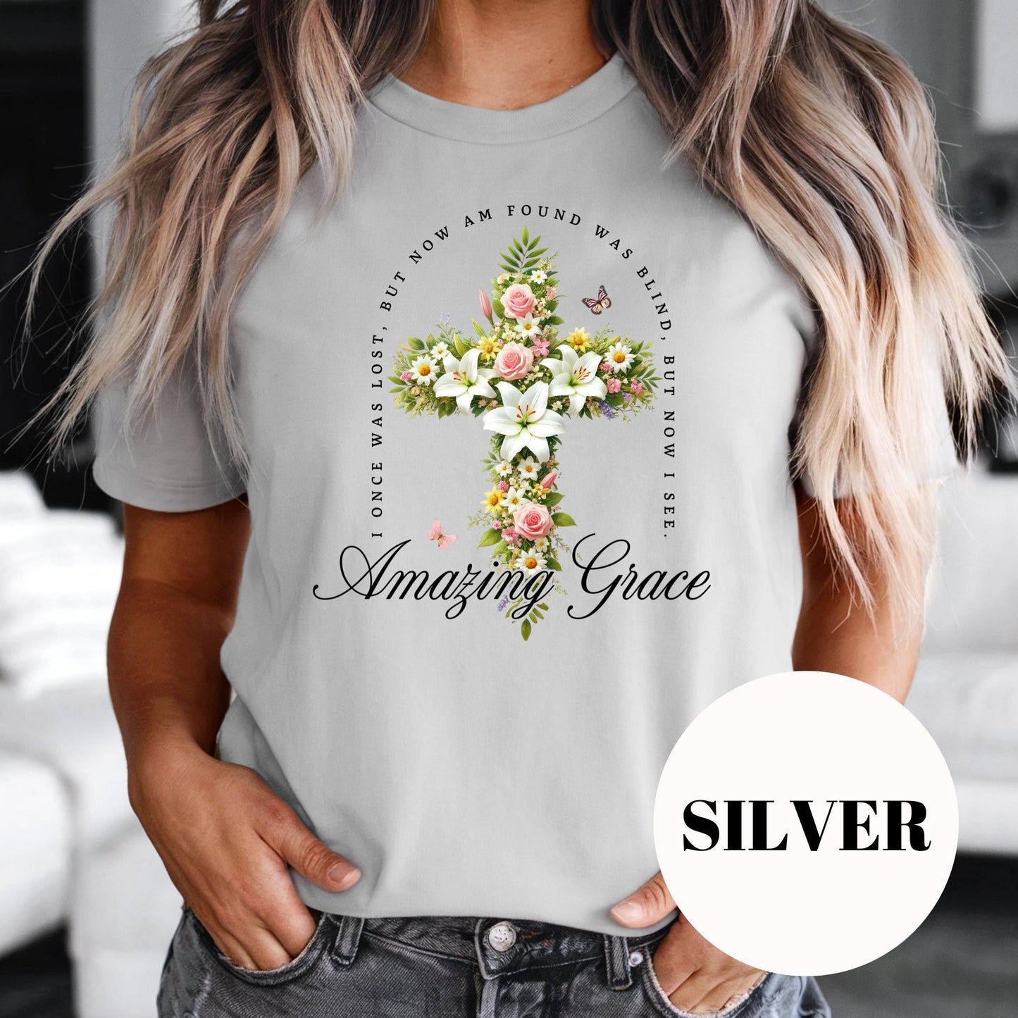 Amazing Grace Shirt, Floral Cross Christian Sublimation Tee, Hymn Inspired Graphic Shirt, Vintage Faded Faith Tee, Religious Gift for Her