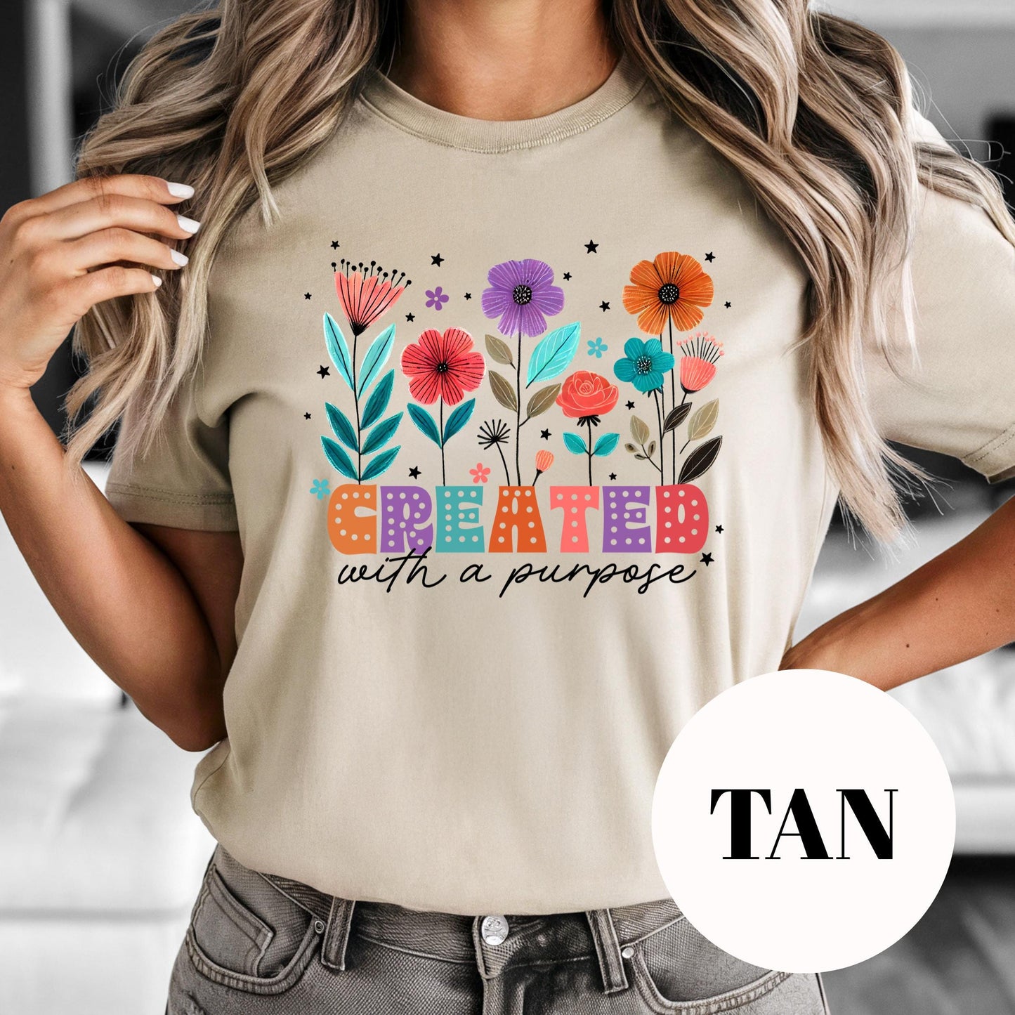 Created with a Purpose Shirt, Colorful Christian Sublimation Tee, Floral Faith Graphic Tee, Inspirational Bible Verse Shirt, Gift for Women