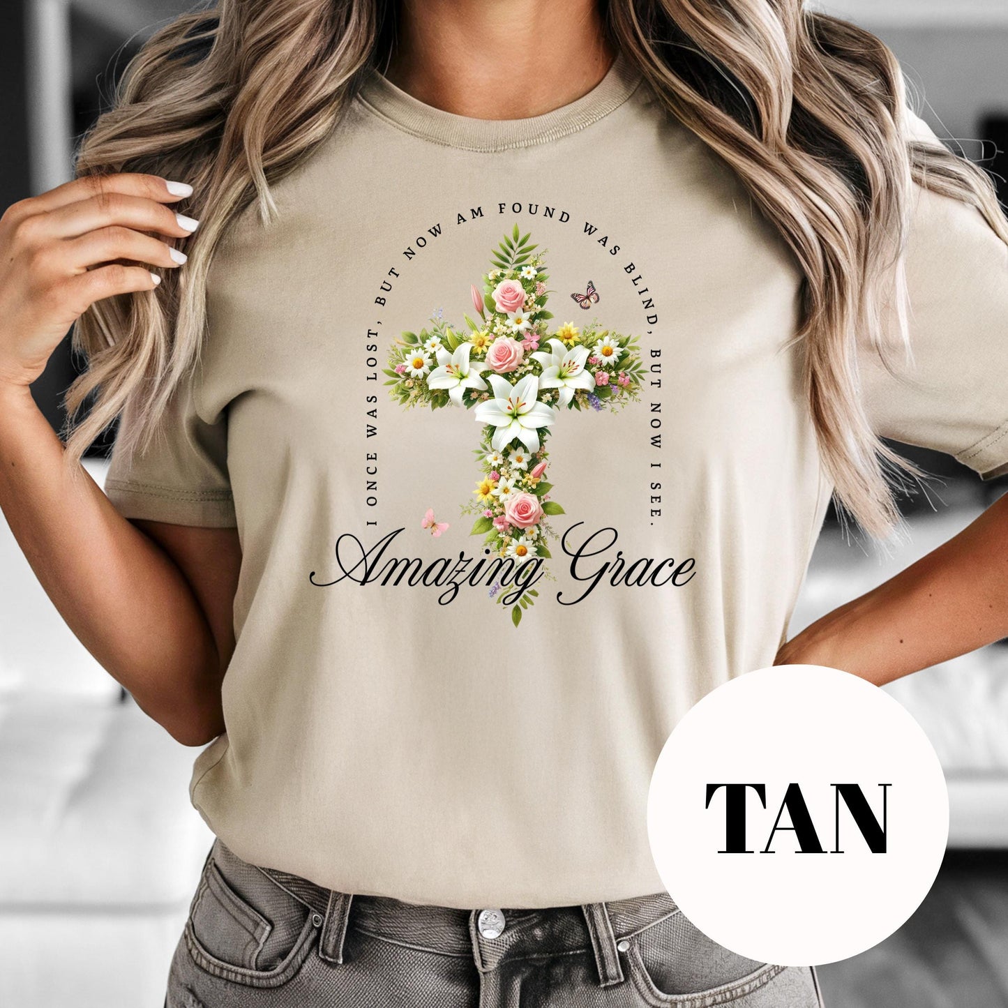 Amazing Grace Shirt, Floral Cross Christian Sublimation Tee, Hymn Inspired Graphic Shirt, Vintage Faded Faith Tee, Religious Gift for Her