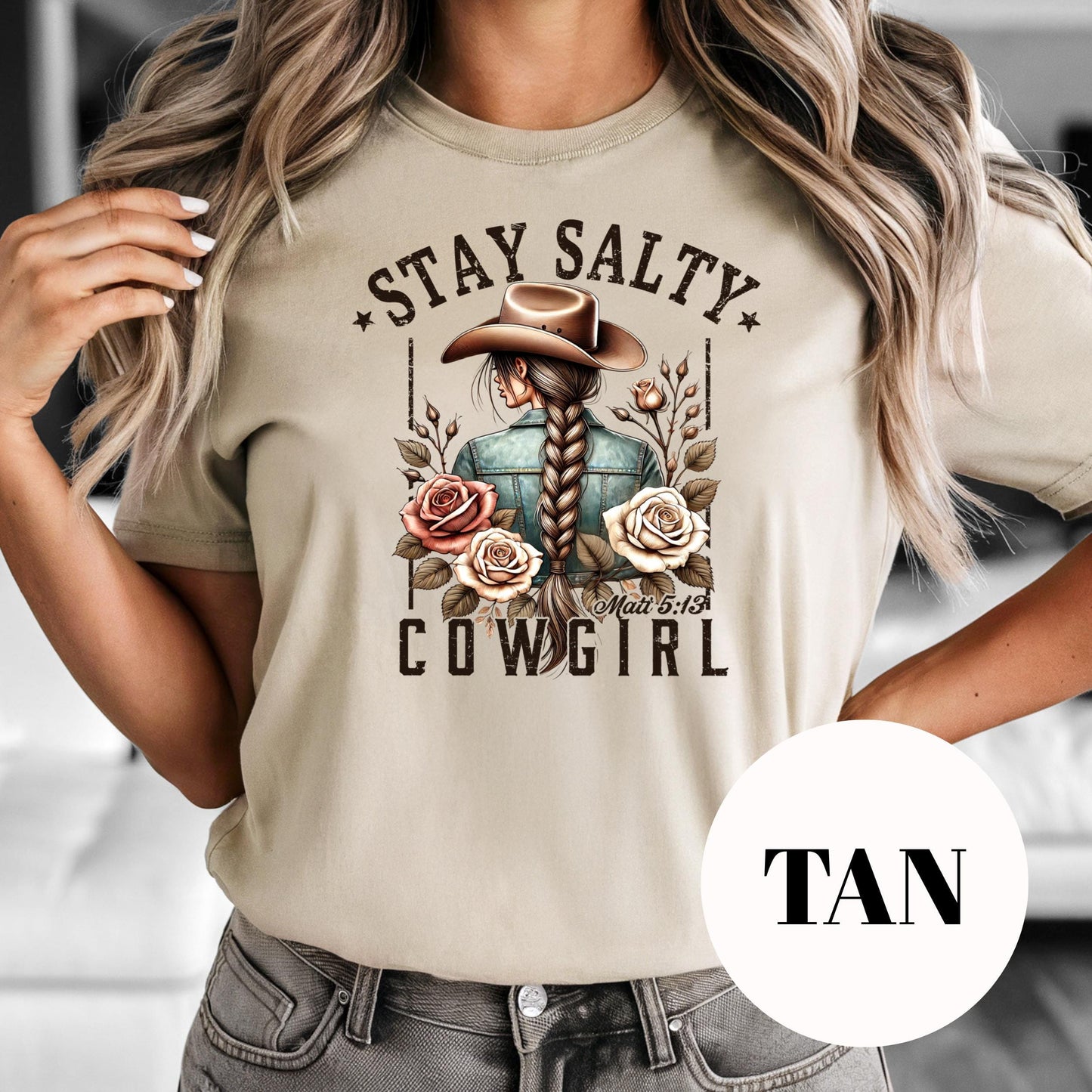 Stay Salty Cowgirl Shirt, Christian Western Sublimation Tee, Matthew 5:13 Shirt, Faith and Floral Graphic Tee, Vintage Faded Cowgirl Shirt
