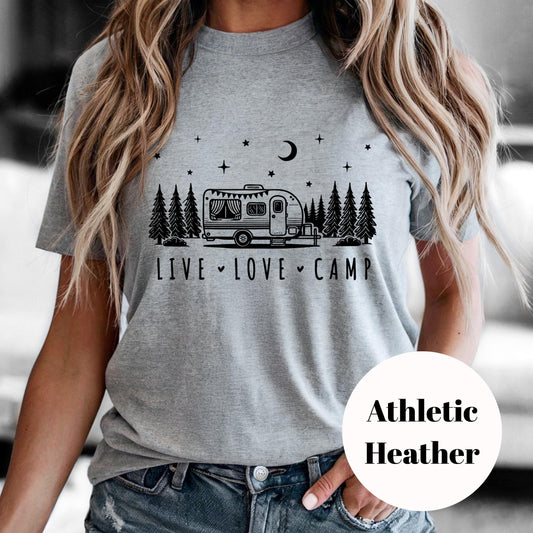 Live Love Camp Shirt, Camping Sublimation Tee, Vintage Camper Graphic Shirt, Outdoor Adventure Shirt, Faded Print Tee, Gift for Campers