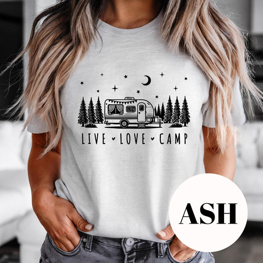 Live Love Camp Shirt, Camping Sublimation Tee, Vintage Camper Graphic Shirt, Outdoor Adventure Shirt, Faded Print Tee, Gift for Campers