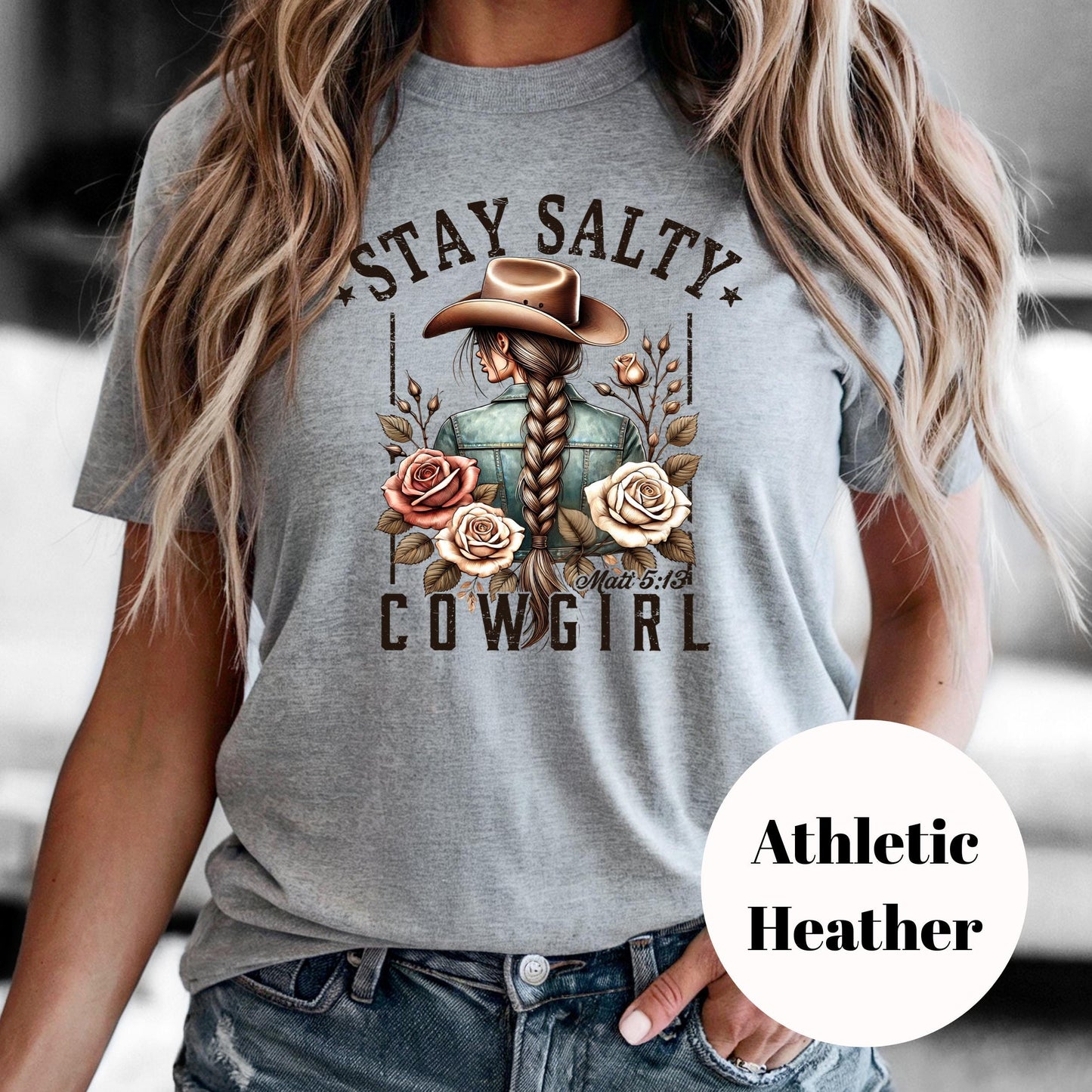 Stay Salty Cowgirl Shirt, Christian Western Sublimation Tee, Matthew 5:13 Shirt, Faith and Floral Graphic Tee, Vintage Faded Cowgirl Shirt