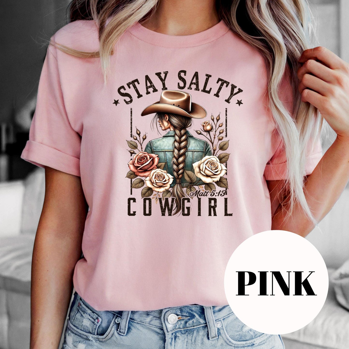 Stay Salty Cowgirl Shirt, Christian Western Sublimation Tee, Matthew 5:13 Shirt, Faith and Floral Graphic Tee, Vintage Faded Cowgirl Shirt