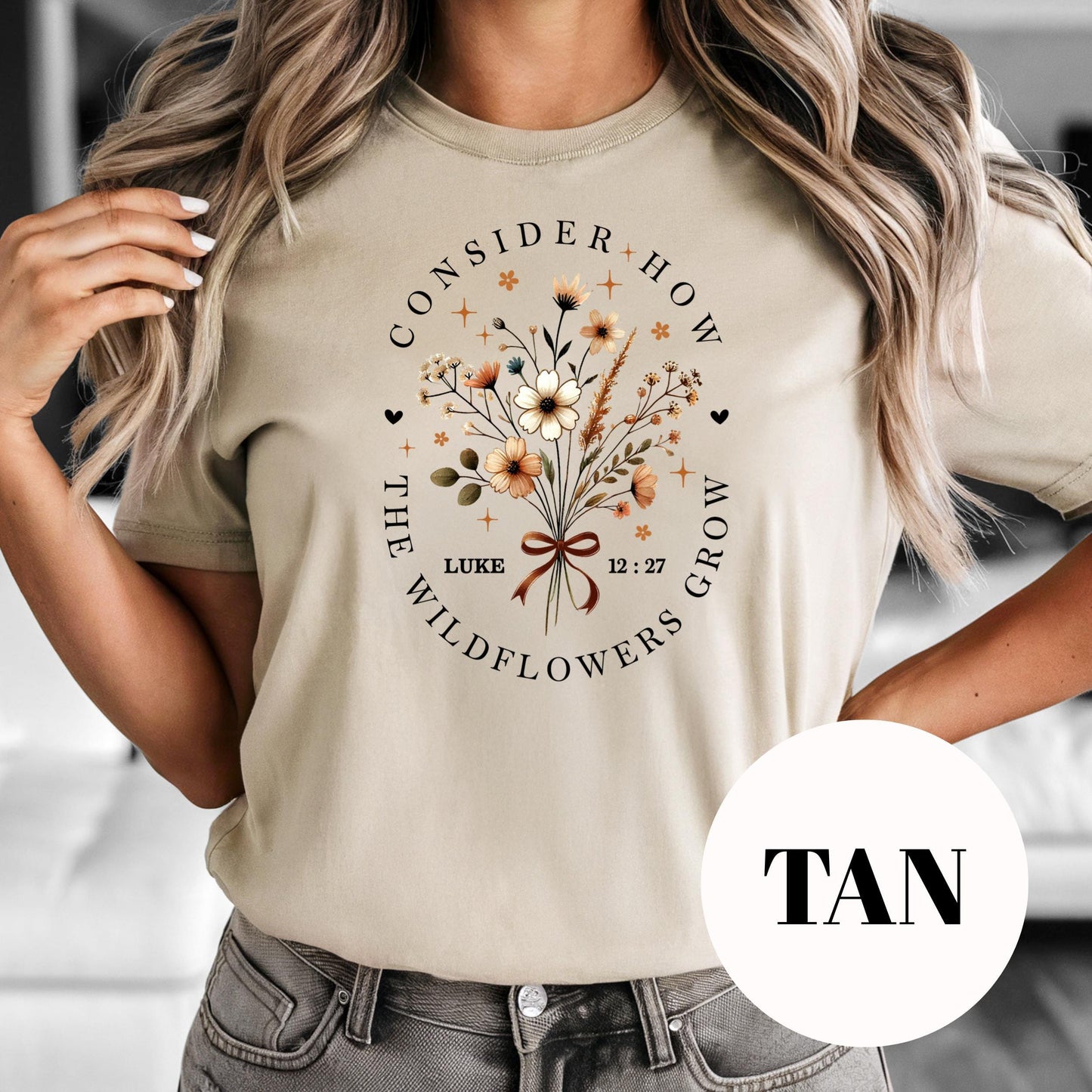 Consider How the Wildflowers Grow Shirt, Luke 12:27 Sublimation Tee, Christian Floral Graphic Shirt, Vintage Faded Faith Tee, Gift for Women