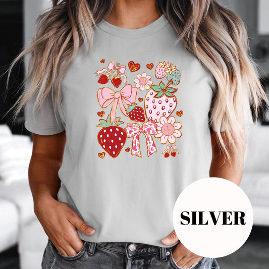 Strawberries and Bows Shirt, Cute Pink Sublimation Tee, Coquette Aesthetic T-Shirt, Vintage Faded Print Shirt, Girly Graphic Tee