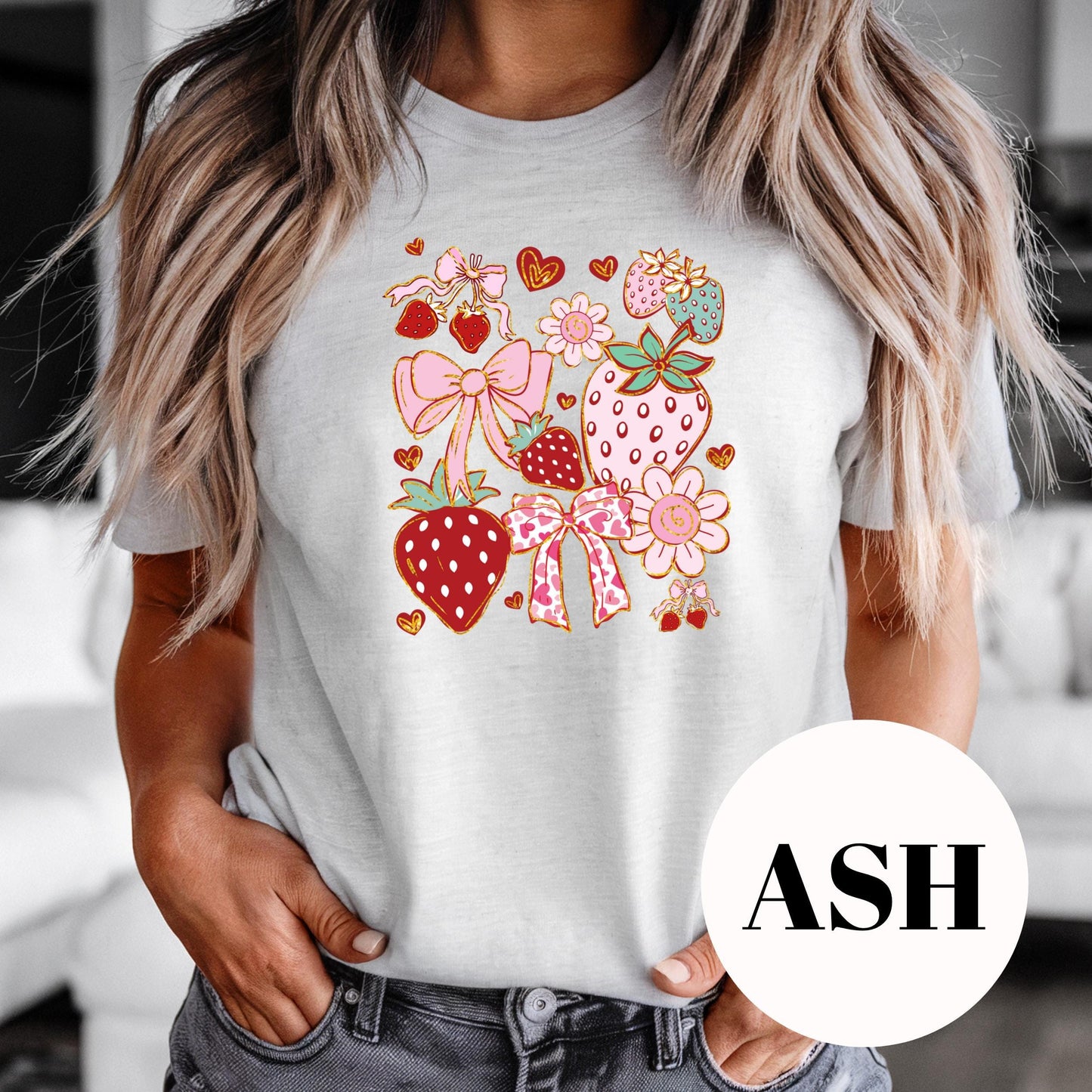 Strawberries and Bows Shirt, Cute Pink Sublimation Tee, Coquette Aesthetic T-Shirt, Vintage Faded Print Shirt, Girly Graphic Tee