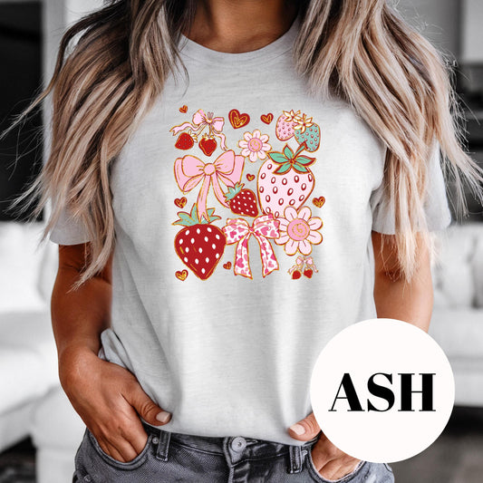 Strawberries and Bows Shirt, Cute Pink Sublimation Tee, Coquette Aesthetic T-Shirt, Vintage Faded Print Shirt, Girly Graphic Tee