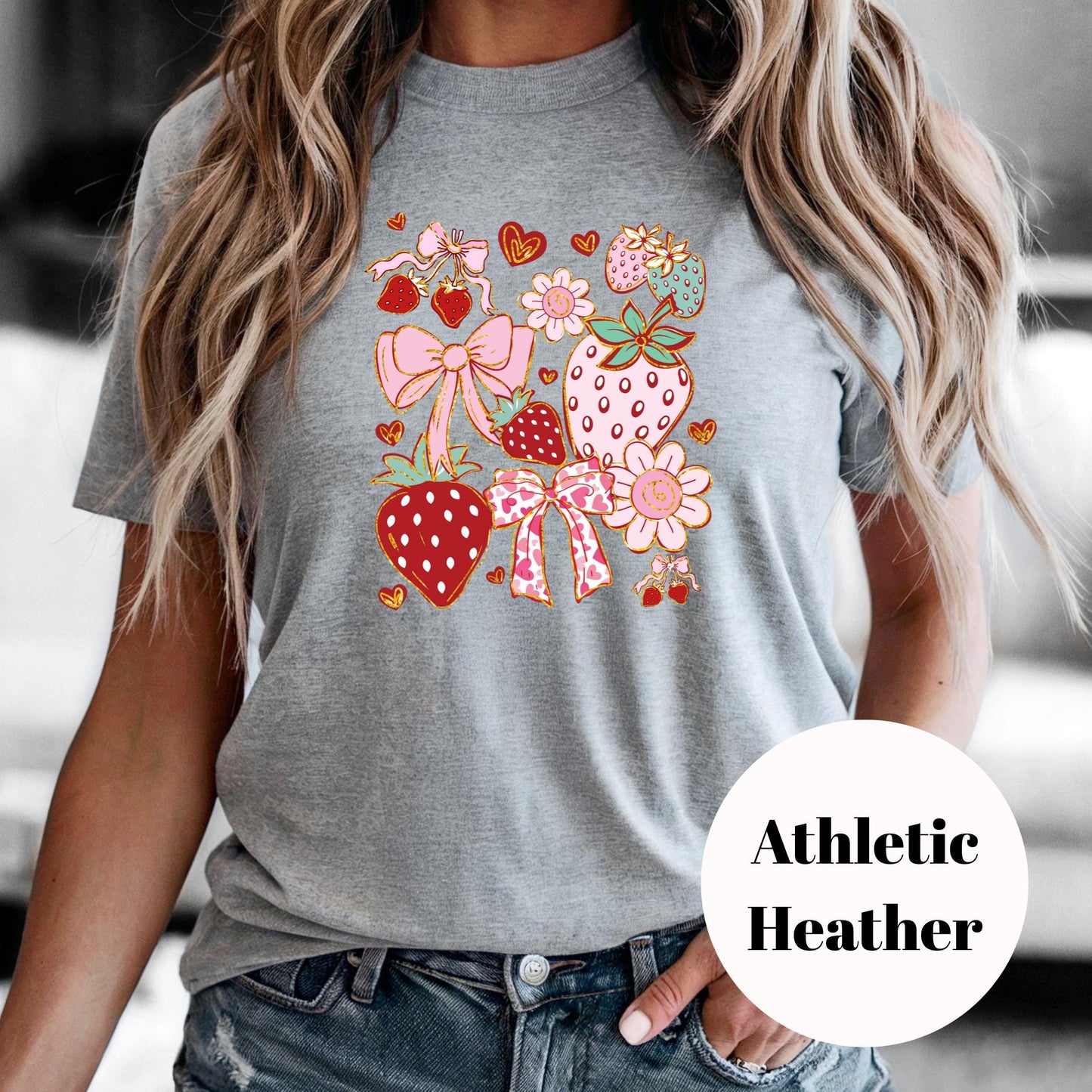 Strawberries and Bows Shirt, Cute Pink Sublimation Tee, Coquette Aesthetic T-Shirt, Vintage Faded Print Shirt, Girly Graphic Tee