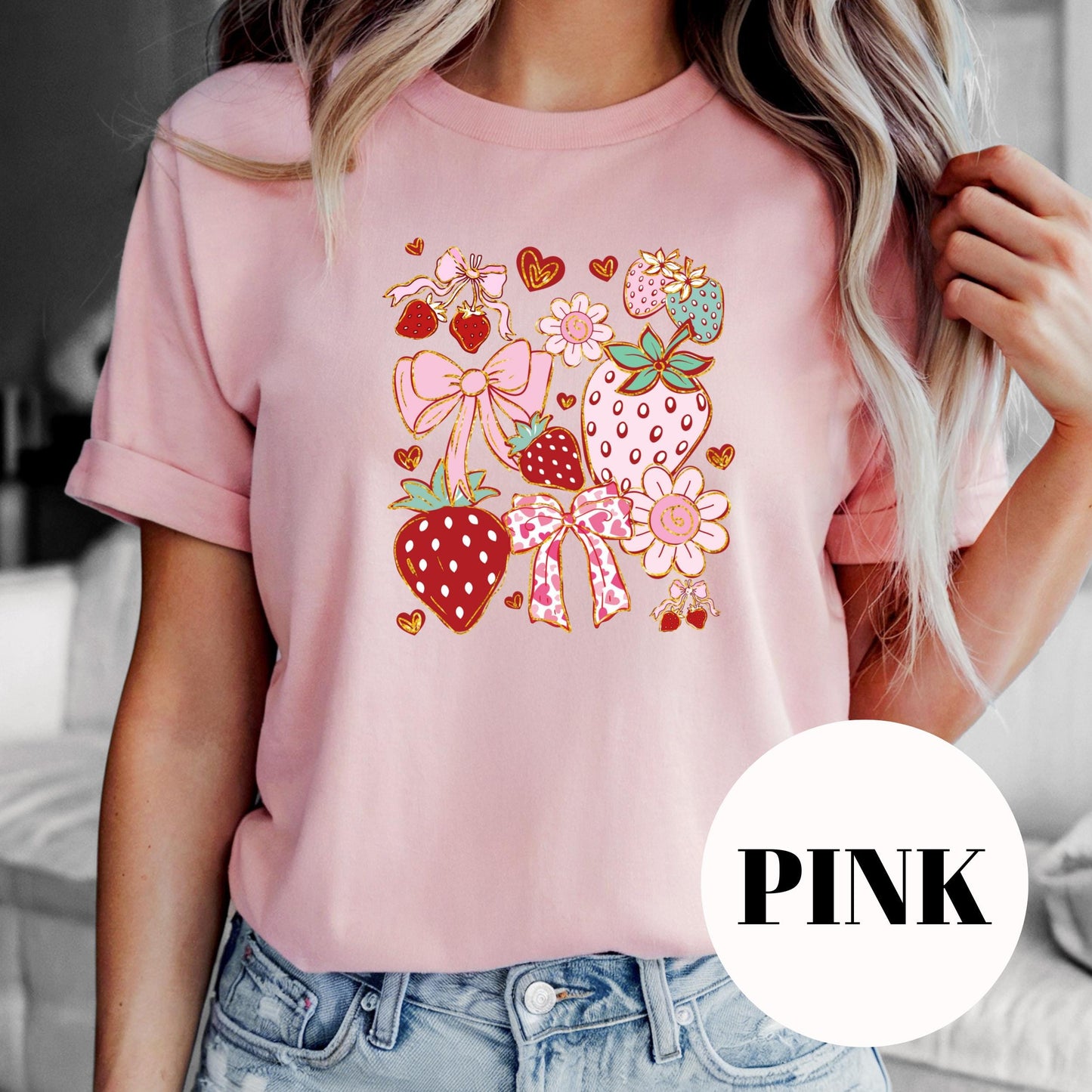 Strawberries and Bows Shirt, Cute Pink Sublimation Tee, Coquette Aesthetic T-Shirt, Vintage Faded Print Shirt, Girly Graphic Tee