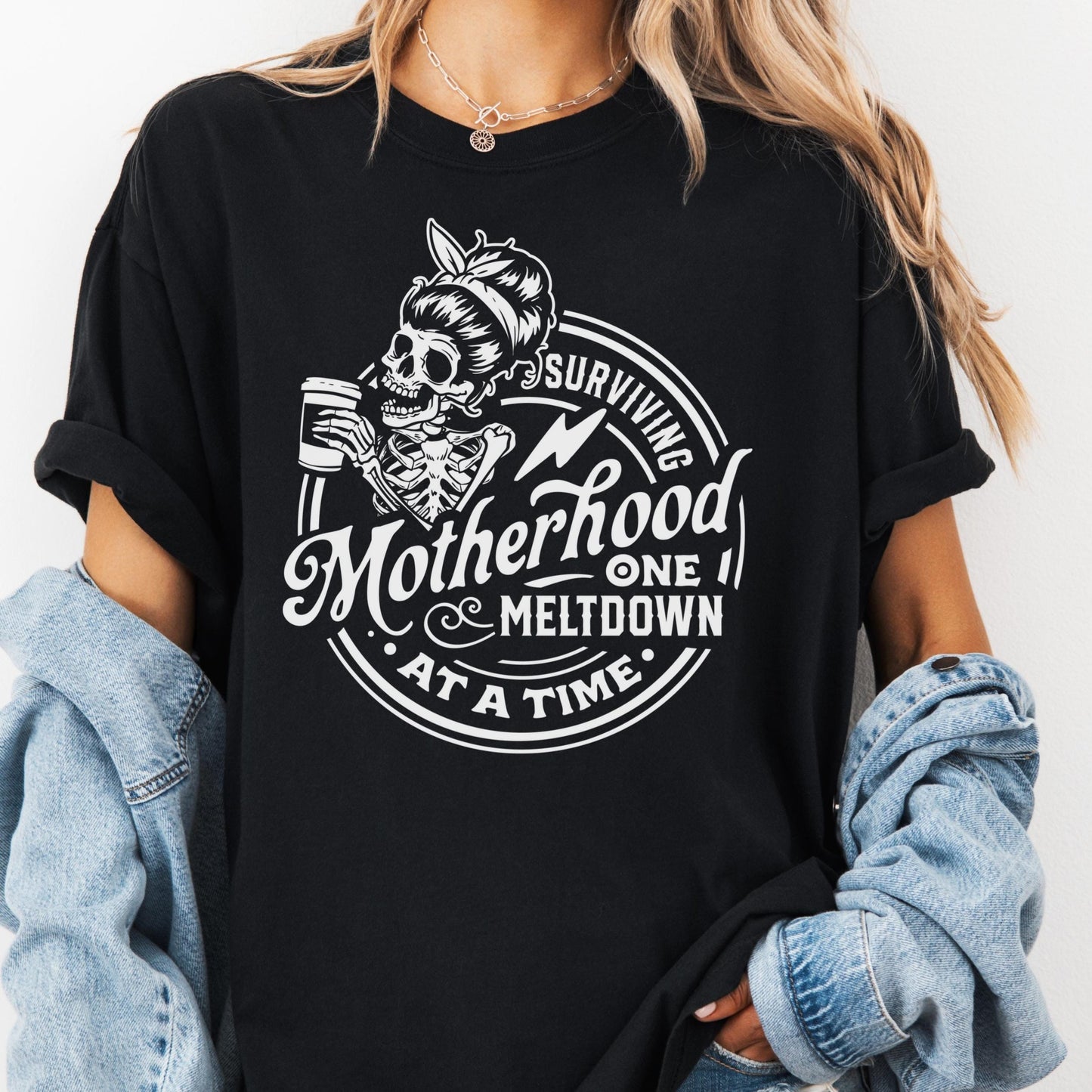 Surviving Motherhood One Meltdown At A Time Shirt, Comfort Colors® Mom Life Tee, Funny Mom Gift, Skeleton Coffee Shirt, Tired Mama Tee