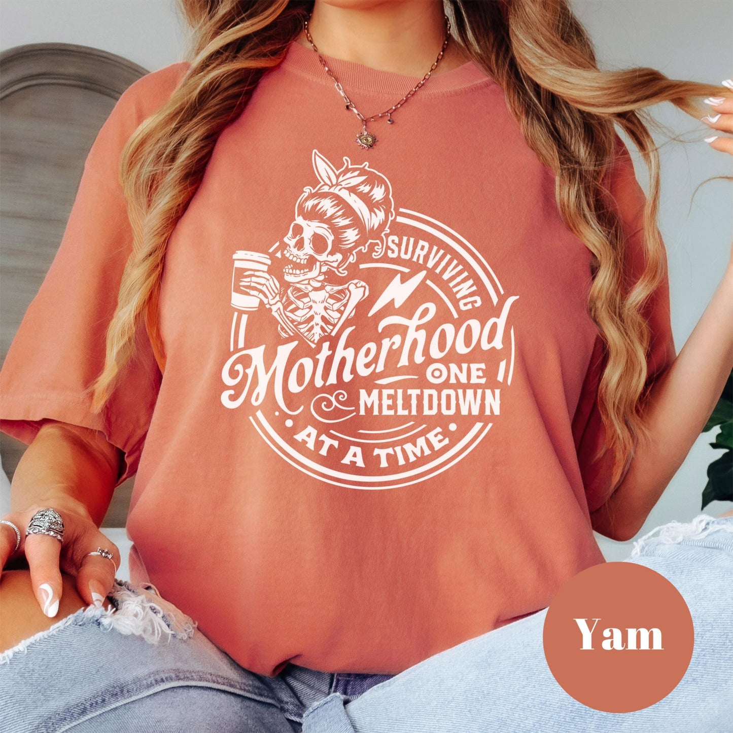 Surviving Motherhood One Meltdown At A Time Shirt, Comfort Colors® Mom Life Tee, Funny Mom Gift, Skeleton Coffee Shirt, Tired Mama Tee