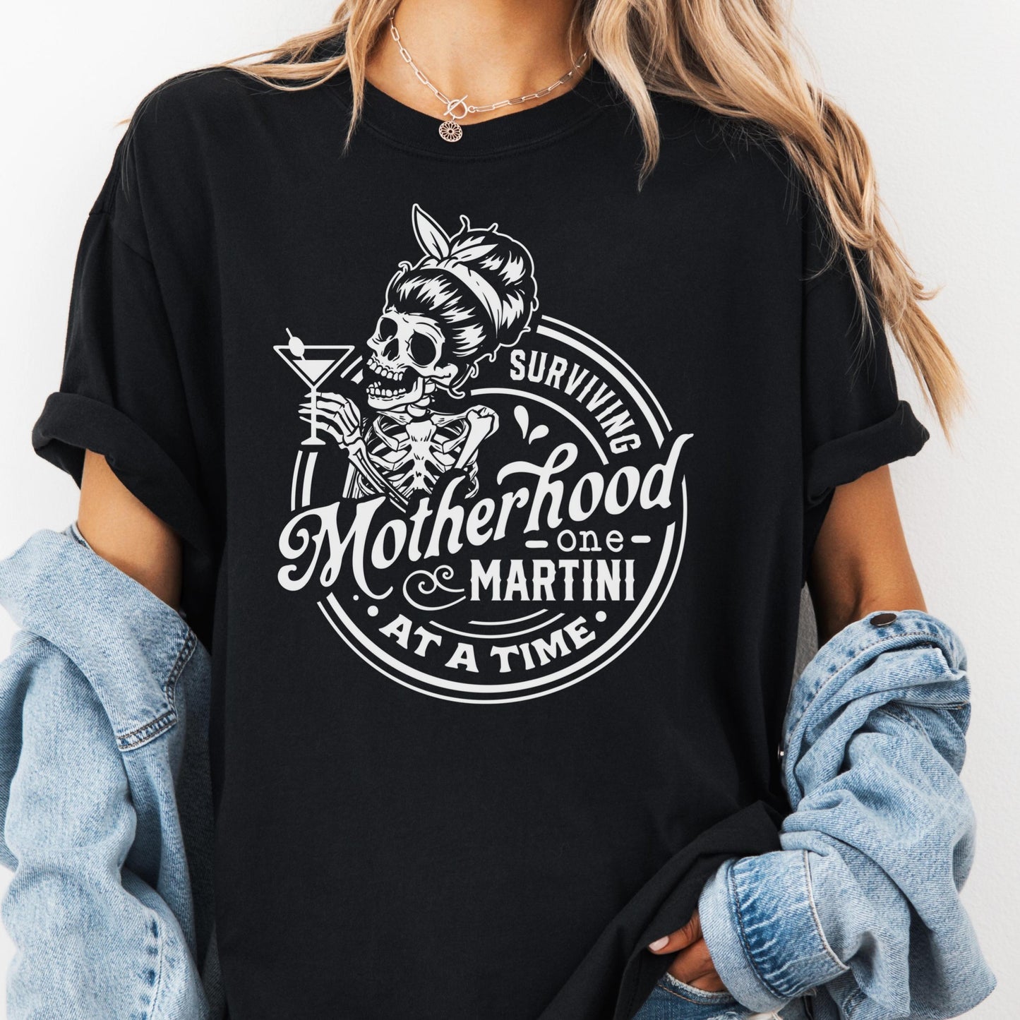 Comfort Colors Surviving Motherhood One Martini At A Time Shirt, Funny Mom Life Tee, Skeleton Mom Gift, Cocktail Mama Shirt, Tired Mom Tee