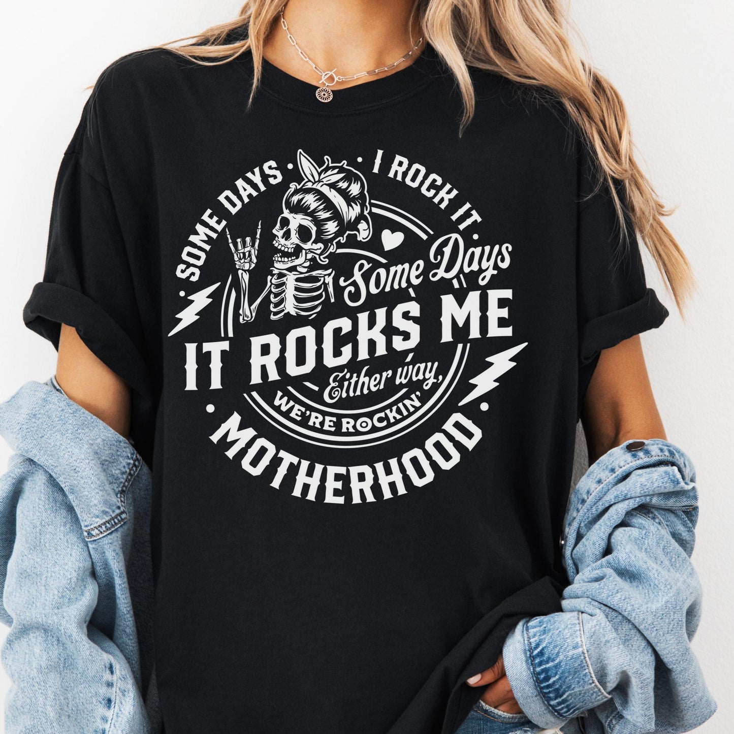 Some Days I Rock It Some Days It Rocks Me Motherhood Shirt, Comfort Colors® Funny Mom Life Tee, Skeleton Mom Shirt, Tired Mama Gift
