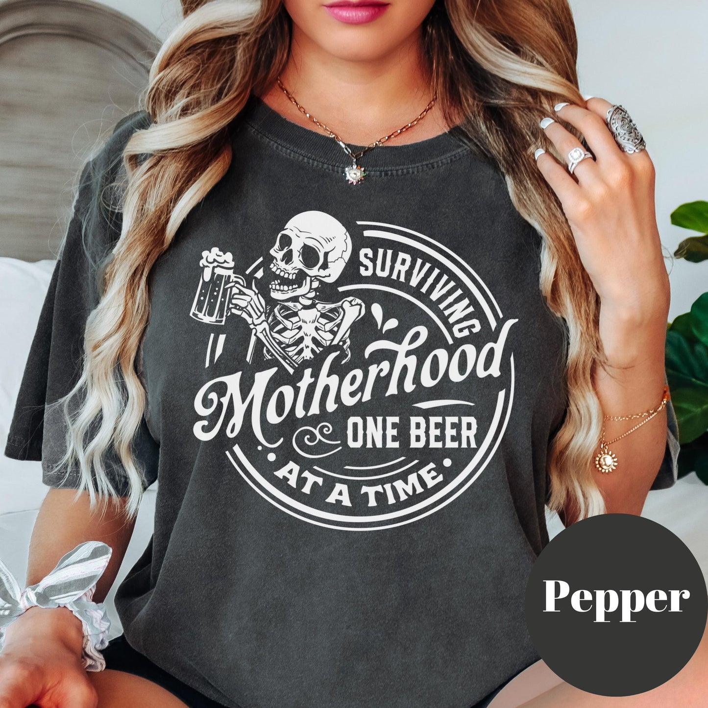 Surviving Motherhood One Beer At A Time Shirt, Comfort Colors® Funny Mom Life Tee, Skeleton Mom Shirt, Beer Lover Mama Gift