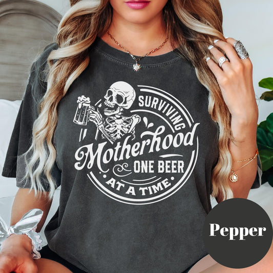 Surviving Motherhood One Beer At A Time Shirt, Comfort Colors® Funny Mom Life Tee, Skeleton Mom Shirt, Beer Lover Mama Gift
