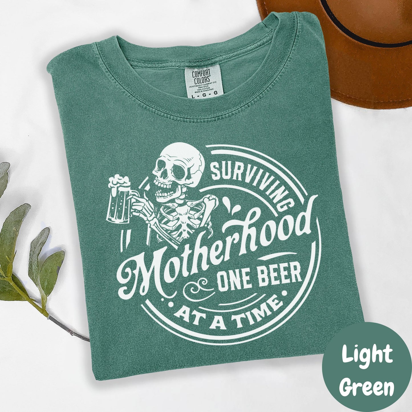 Surviving Motherhood One Beer At A Time Shirt, Comfort Colors® Funny Mom Life Tee, Skeleton Mom Shirt, Beer Lover Mama Gift