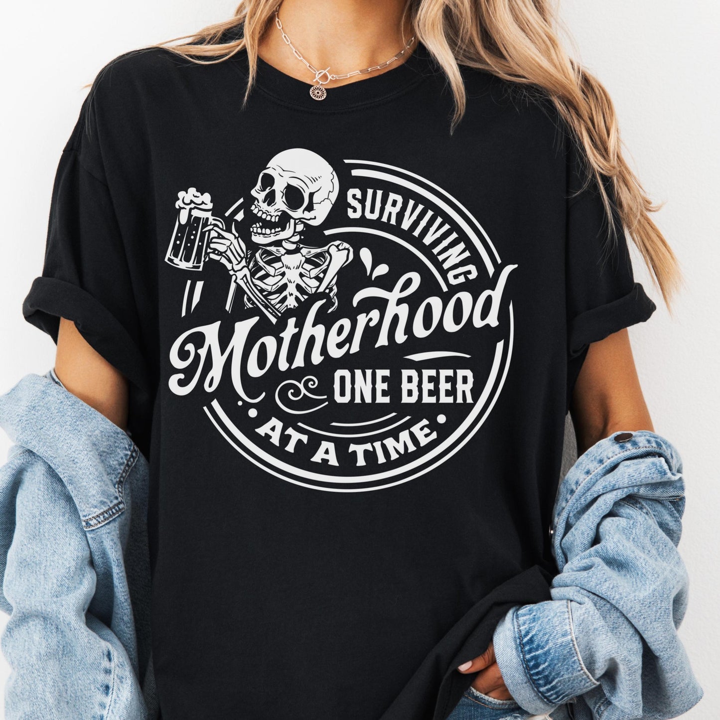Surviving Motherhood One Beer At A Time Shirt, Comfort Colors® Funny Mom Life Tee, Skeleton Mom Shirt, Beer Lover Mama Gift