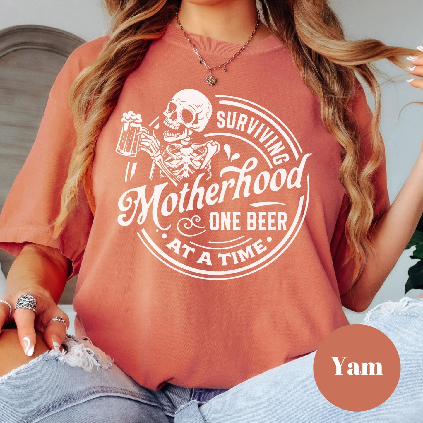 Surviving Motherhood One Beer At A Time Shirt, Comfort Colors® Funny Mom Life Tee, Skeleton Mom Shirt, Beer Lover Mama Gift