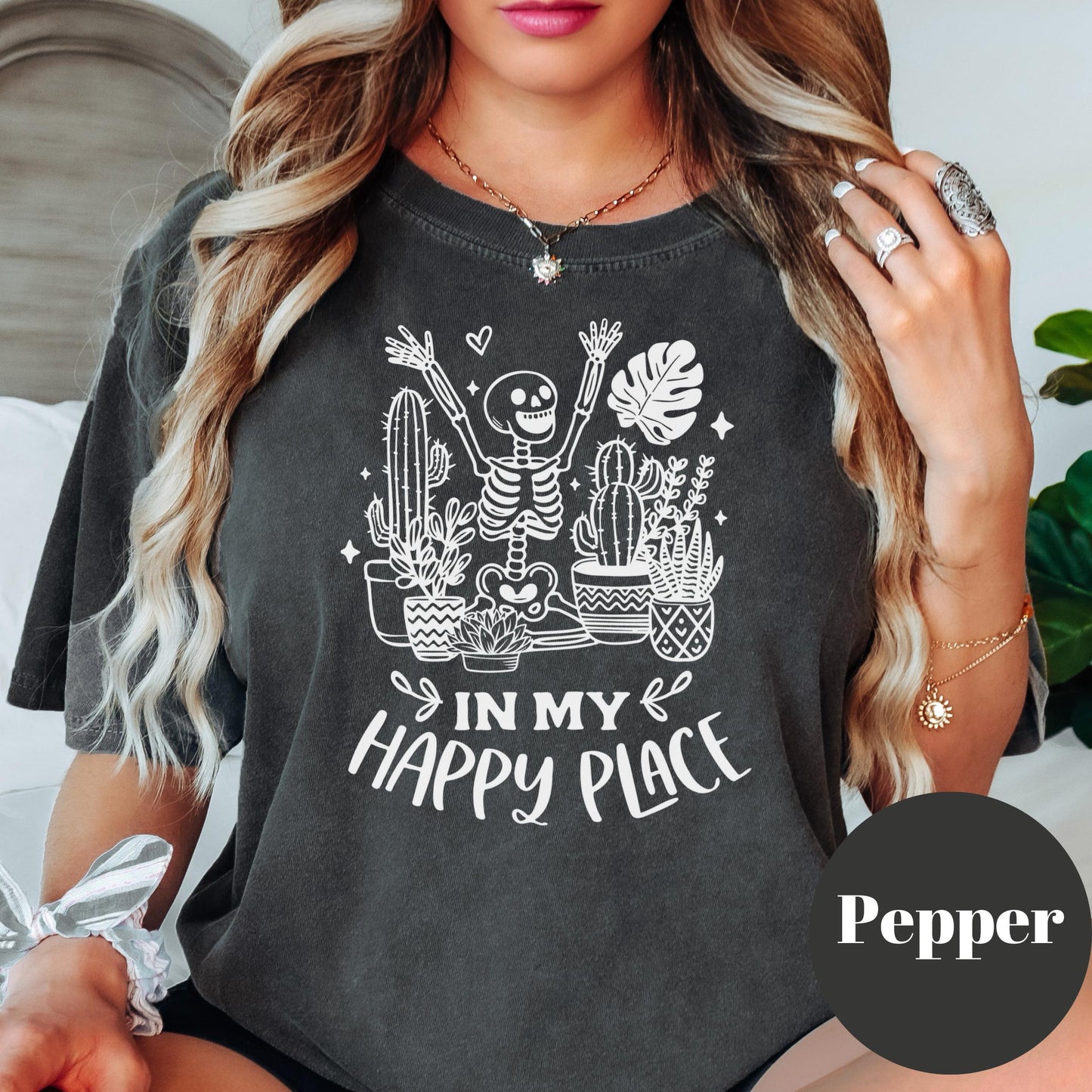 In My Happy Place Shirt, Comfort Colors® Plant Lover Tee, Skeleton Plant Mom Shirt, Funny Houseplant Gift, Gardening Humor Tee