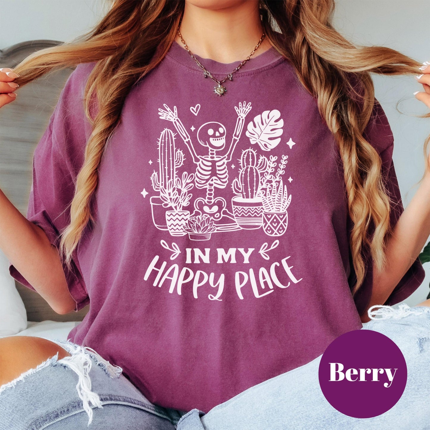 In My Happy Place Shirt, Comfort Colors® Plant Lover Tee, Skeleton Plant Mom Shirt, Funny Houseplant Gift, Gardening Humor Tee