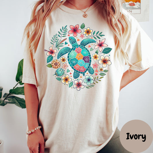 Floral Sea Turtle Shirt, Comfort Colors® Boho Beach Tee, Colorful Turtle Shirt, Summer Vacation Gift, Coastal Ocean Lover Shirt