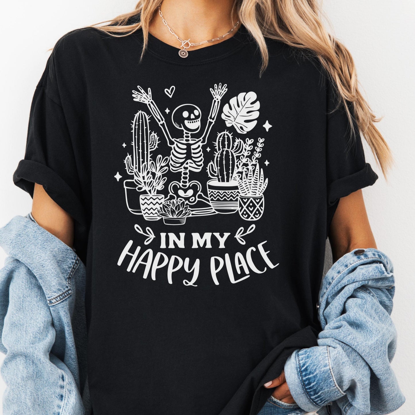 In My Happy Place Shirt, Comfort Colors® Plant Lover Tee, Skeleton Plant Mom Shirt, Funny Houseplant Gift, Gardening Humor Tee