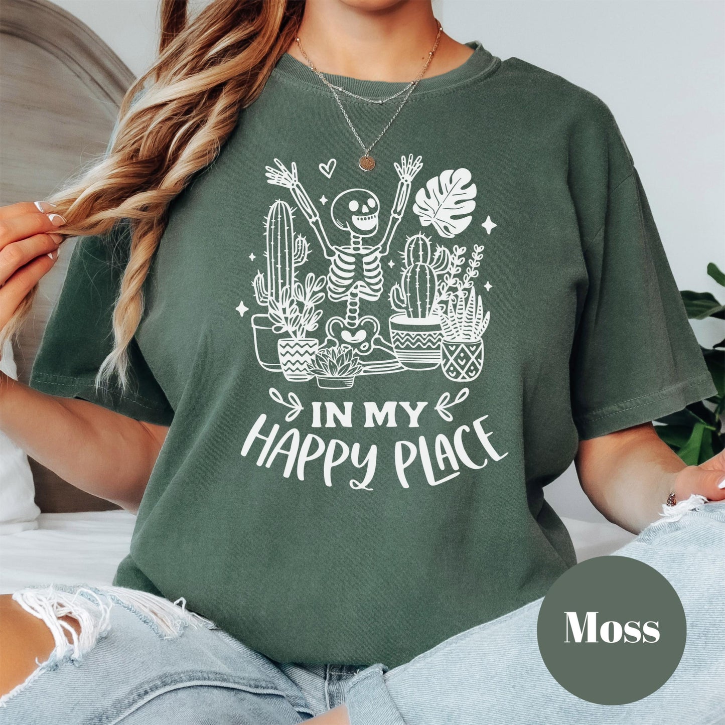 In My Happy Place Shirt, Comfort Colors® Plant Lover Tee, Skeleton Plant Mom Shirt, Funny Houseplant Gift, Gardening Humor Tee