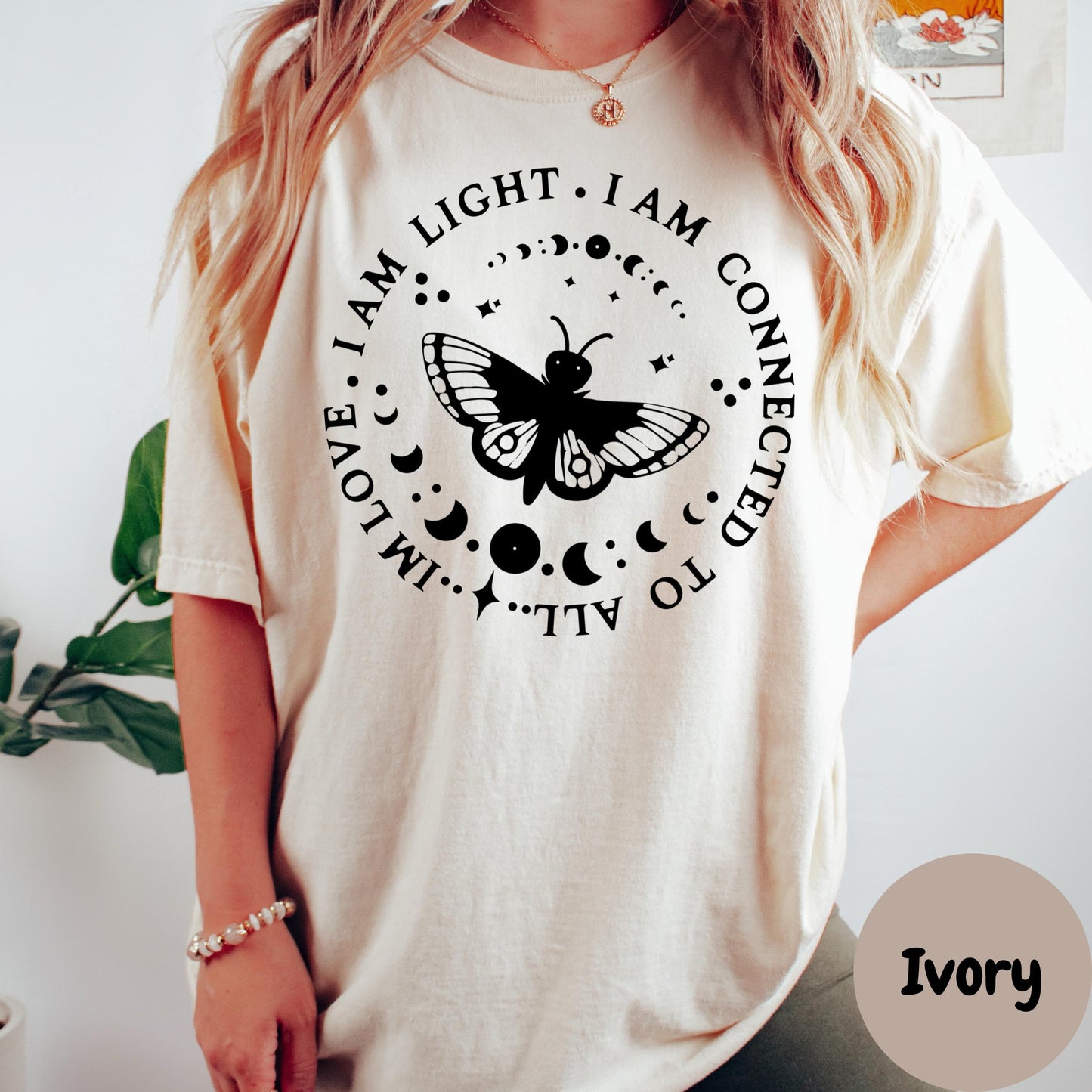 I Am Light I Am Love Shirt, Comfort Colors® Spiritual Affirmation Tee, Butterfly Moon Phases Shirt, Boho Manifestation Gift, Mindfulness Tee